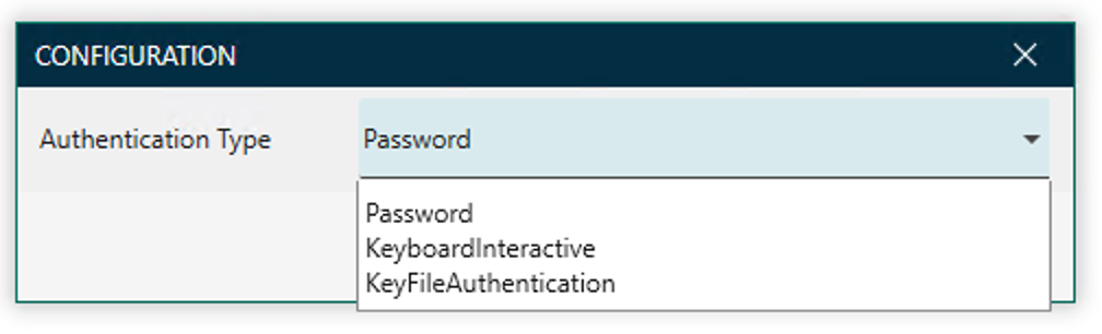 The authentication type configuration window displaying the Password, KeyboardInteractive, and KeyFileAuthentication as authentication types.