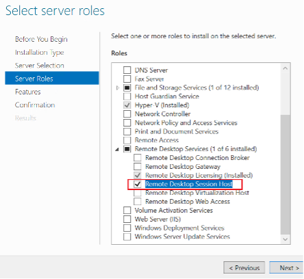 Remote Desktop Session Host option is selected in the Select server roles window.