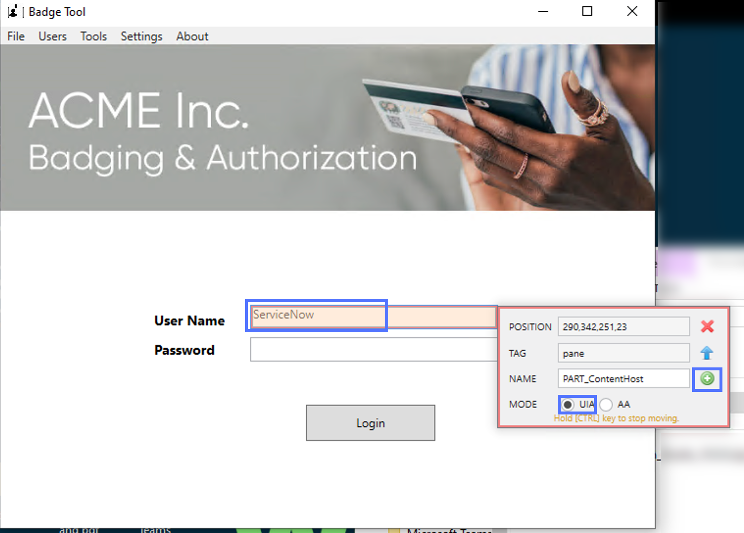 The Badge Tool application shows Capture element dialog that captures the username field in UIA mode. This field can be added as an element using the Add element button.