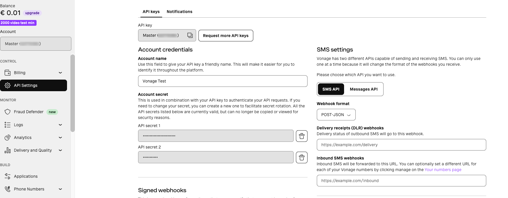 Configuring webhook URLs in Vonage