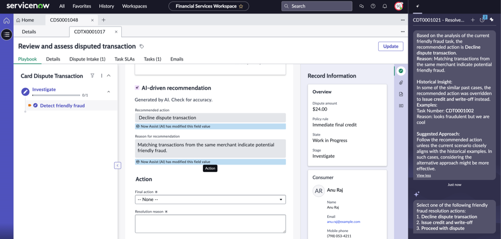 Detect friendly fraud activity showing AI-driven recommendation to decline transaction for Anu Raj's $24.00 dispute, with final action and resolution reason fields displayed.