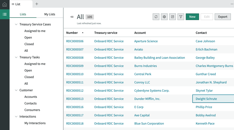 List view in workspace for treasury operations showing cases and tasks filtered under different categories.