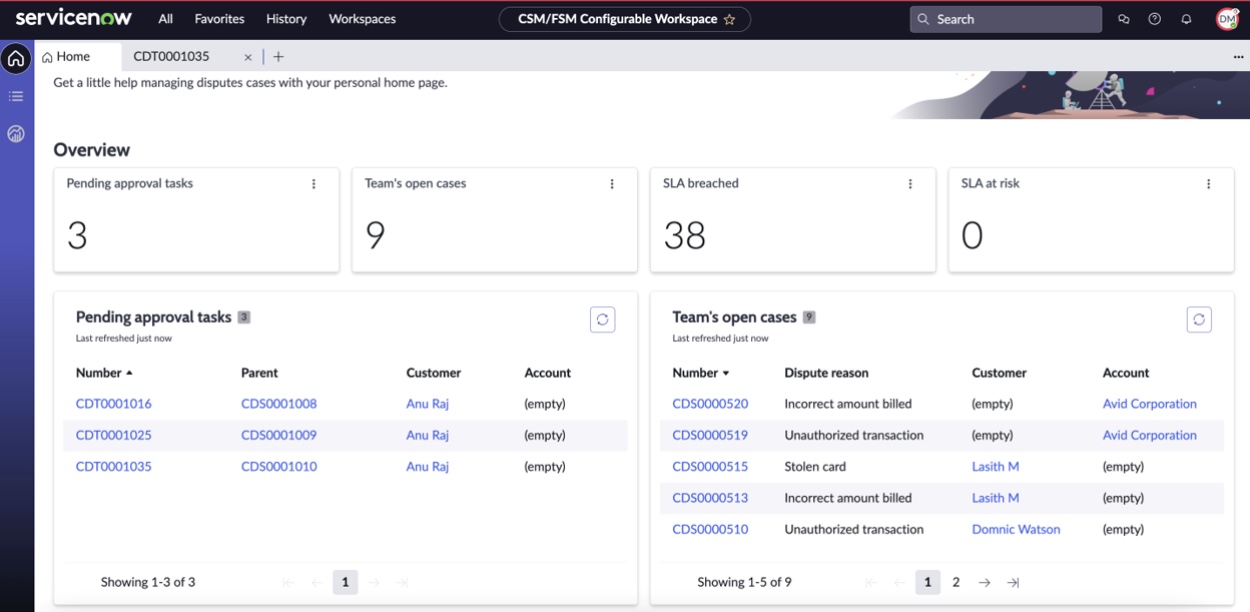 View of dispute manager landing page.