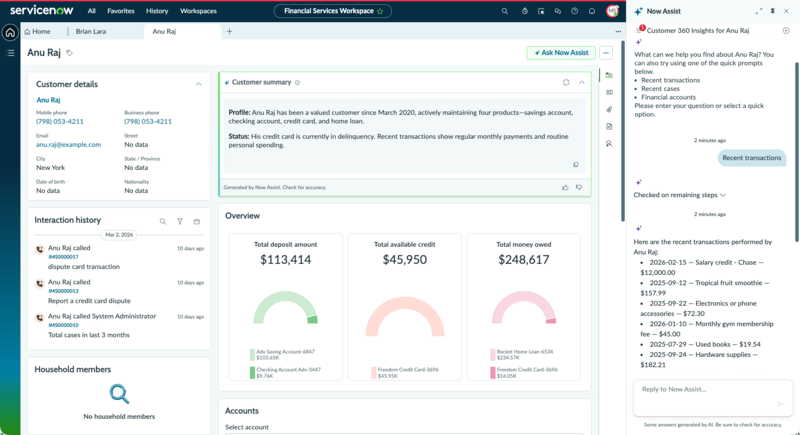 Panneau Aperçus client 360 affichant les détails du client, une vue d’ensemble financière, un résumé généré par l’IA et un panneau Now Assist avec conversation d’agent IA.
