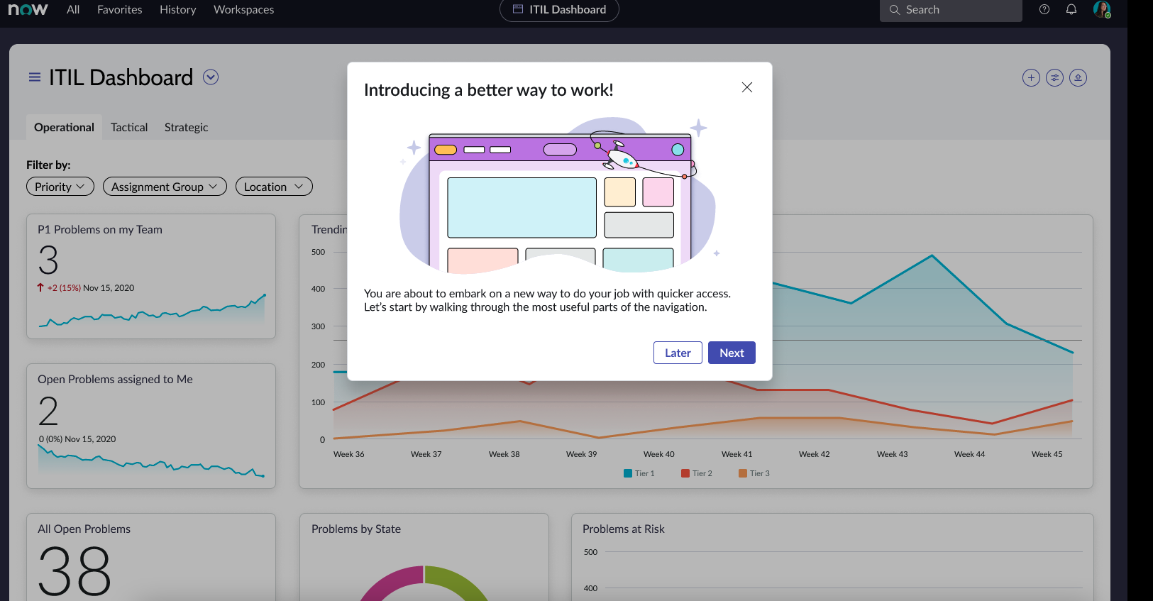 Eine modale Einführungsfolie für das Onboarding in einem ITIL-Dashboard.