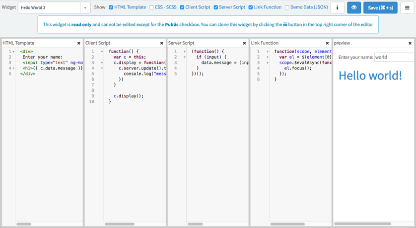 Hello World 3-Widget mit HTML-, Client-, Server- und Linkfunktionsskripts in der IDE