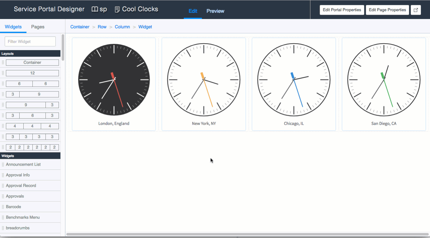 Ein Gif, das den Zugriff auf die Widget-Instanzoptionen über den Service Portal Designer demonstriert