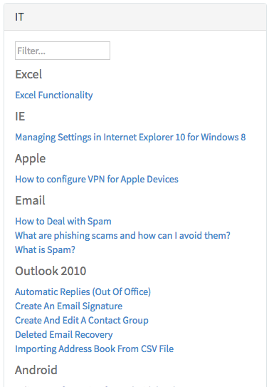 Widget „KB-Ansicht“, das KB-Artikel in einer Liste mit einem Suchfilter anzeigt