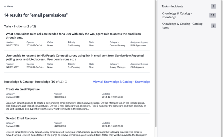 Globale Suchergebnisseite mit Ergebnissen für E-Mail-Berechtigungen Suchabfrage.