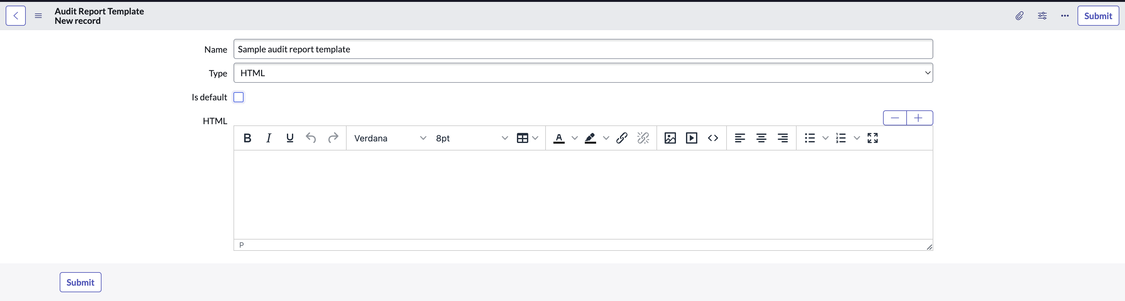Code HTML pour le modèle de rapport d’audit.
