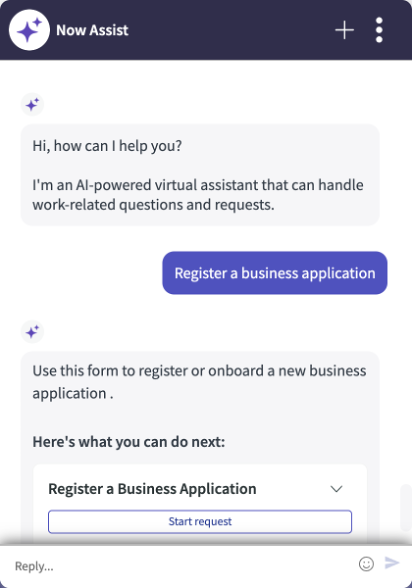 Captura de tela mostrando a janela de bate-papo Now AssistVirtual Agent, mostrando uma solicitação para o registro de uma aplicação de negócios.