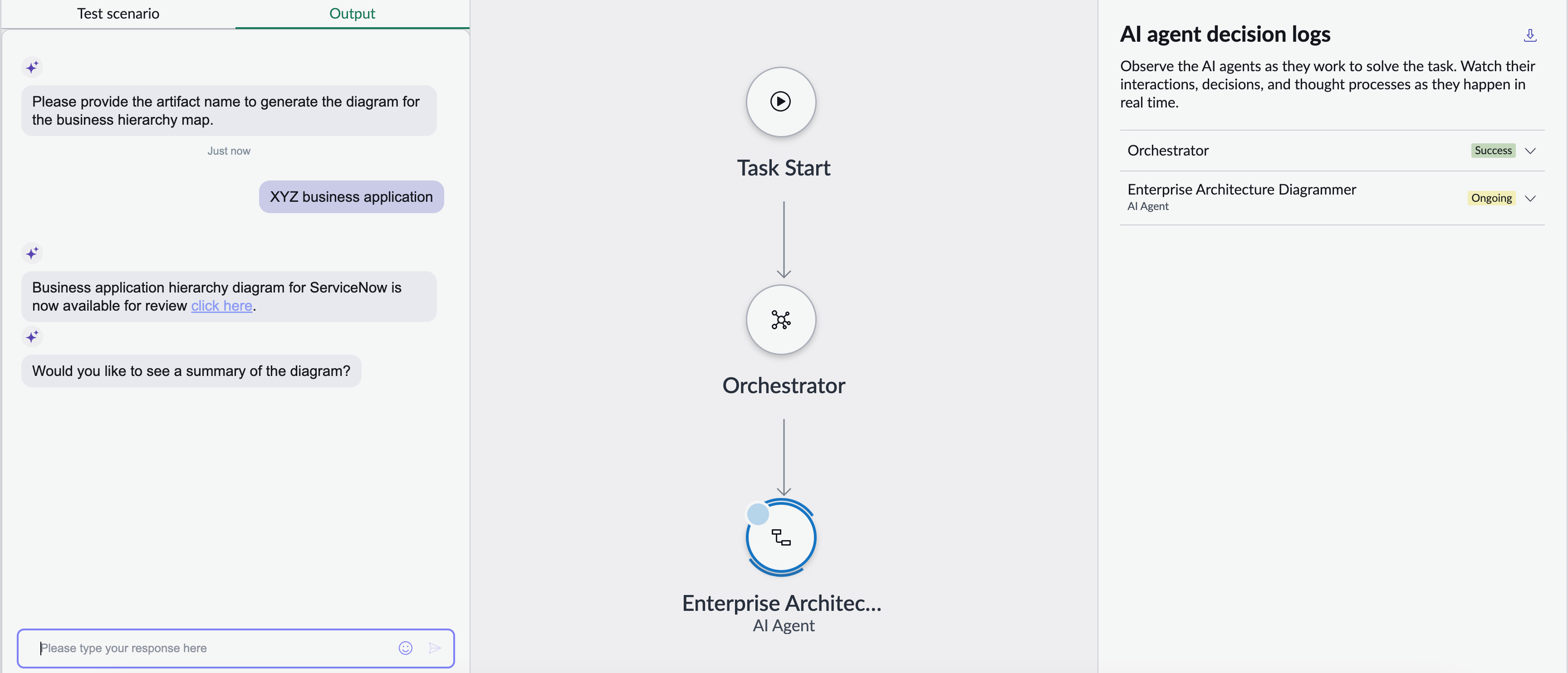 Gerar saída de caso de uso do diagrama de arquitetura empresarial no ServiceNow AI Agent Studio.