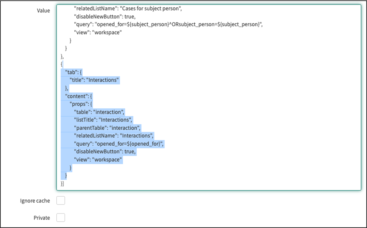 Propriedade do sistema sn_hr_ws.case_creation_tabs