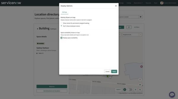 Mapa mostrando as configurações de disponibilidade de espaço de exibição para mostrar os estados de ocupação no mapa.