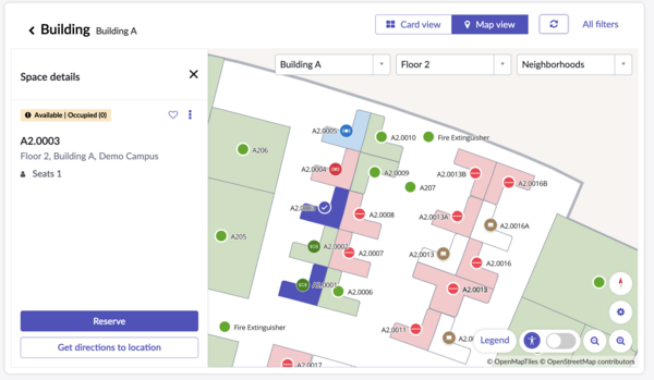 Exibição de mapa mostrando os espaços disponíveis e ocupados para um local selecionado.