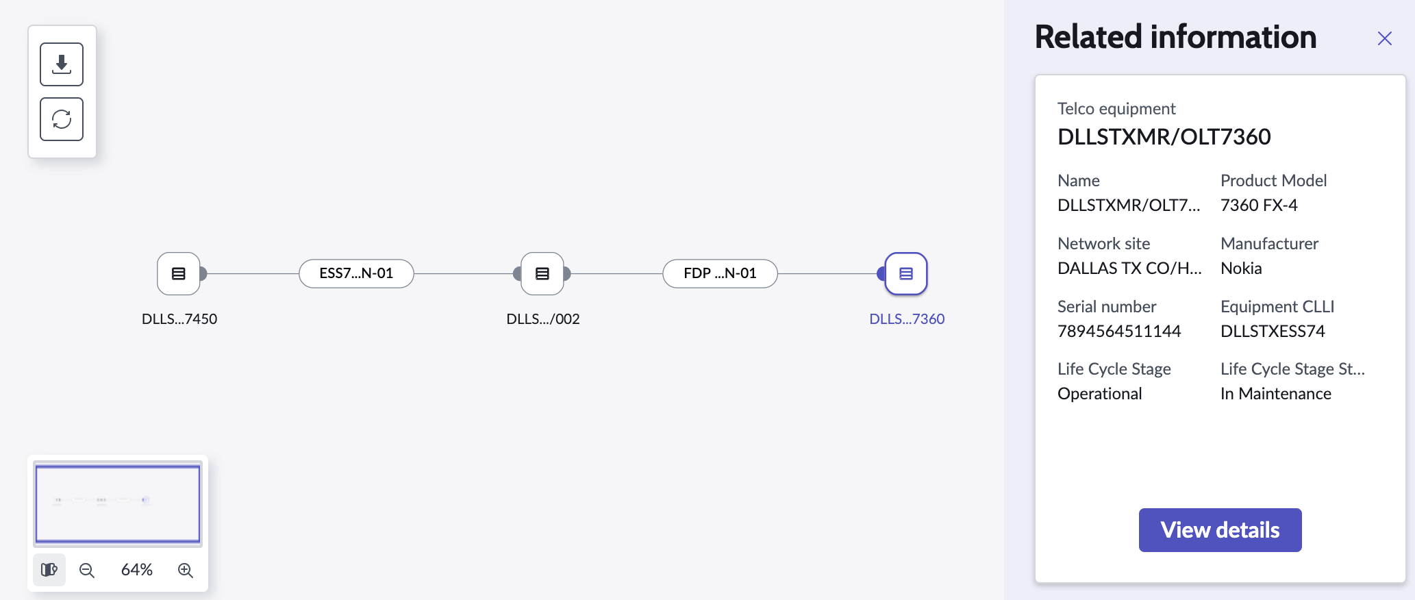 Exibição de um diagrama de rede com painel de mapa, painel de detalhes e opção de zoom.