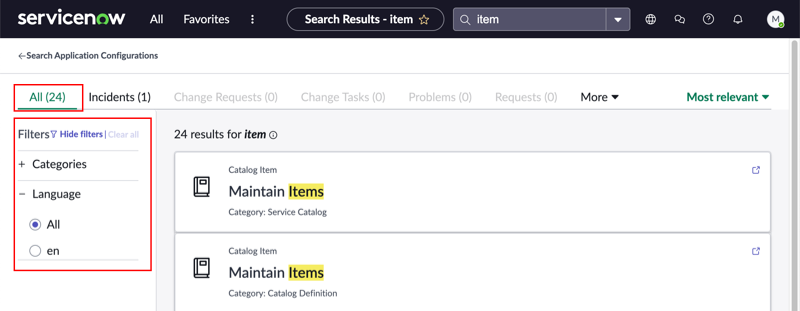 Détail de la page des résultats de recherche globale avec l’onglet de navigation Tous sélectionné et la liste des filtres affichant les options de filtre de facette inter-tables