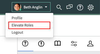 Menu utilisateur avec l’action Élever les rôles mis en évidence dans Interface utilisateur principale.
