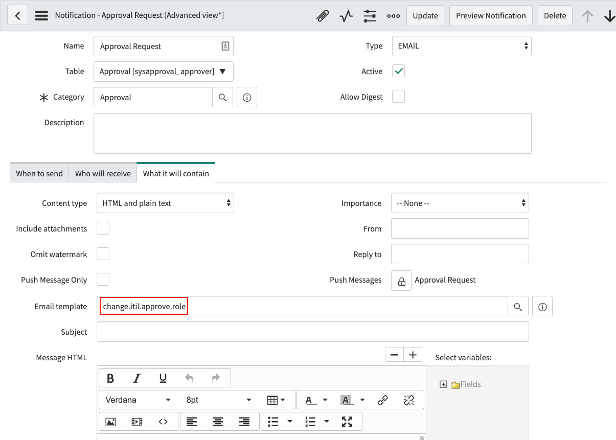 La notification de demande d’approbation utilise le modèle d’e-mail change.itil.approve.role.