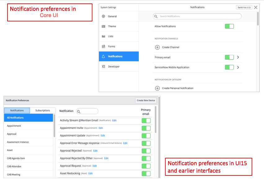Exemples de préférences de notification dans la fenêtre Paramètres système et dans Interface utilisateur principale UI15 et les interfaces antérieures