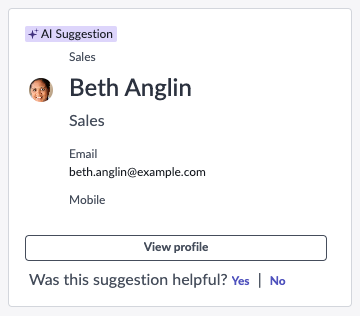 Carte de réponses de personnes pour Beth Anglin avec le lien d’action Afficher le profil .