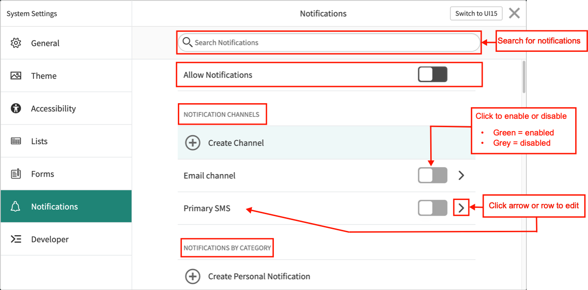 Paramètres de notification dans la fenêtre Paramètres du système