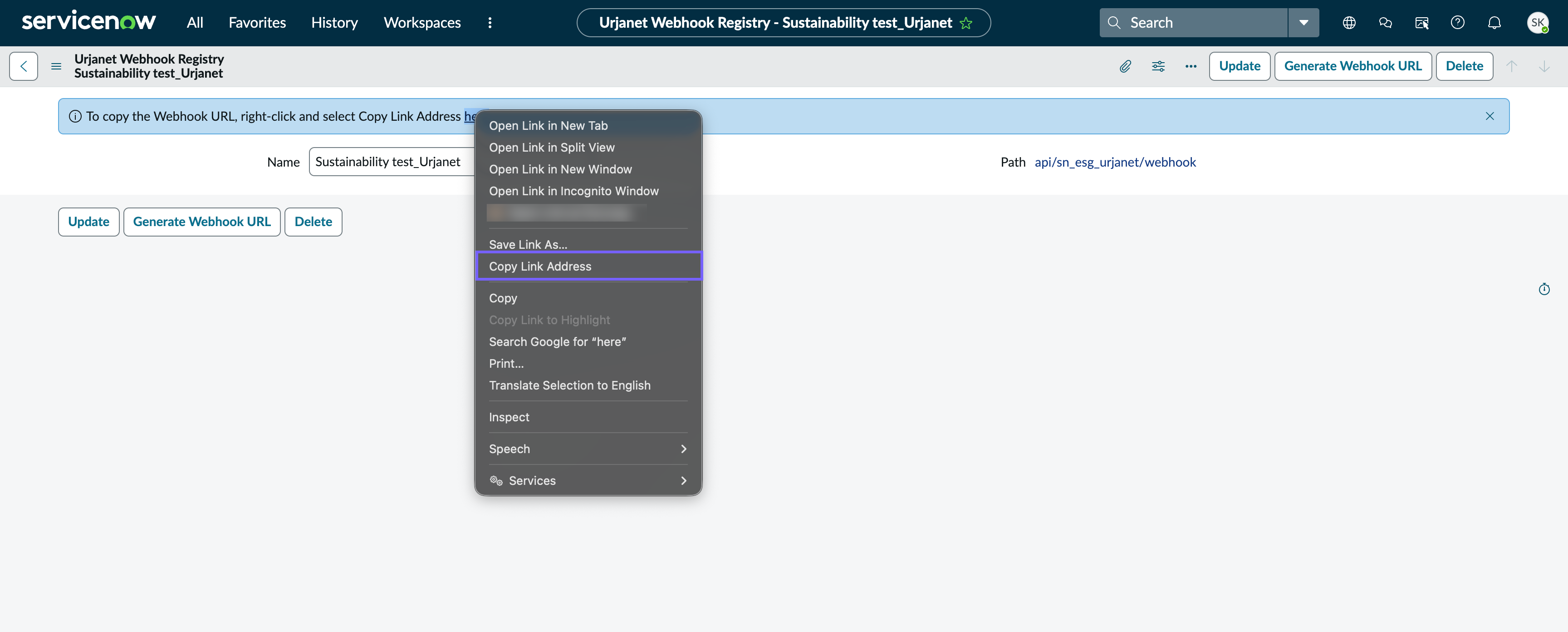 Copying the Webhook URL.