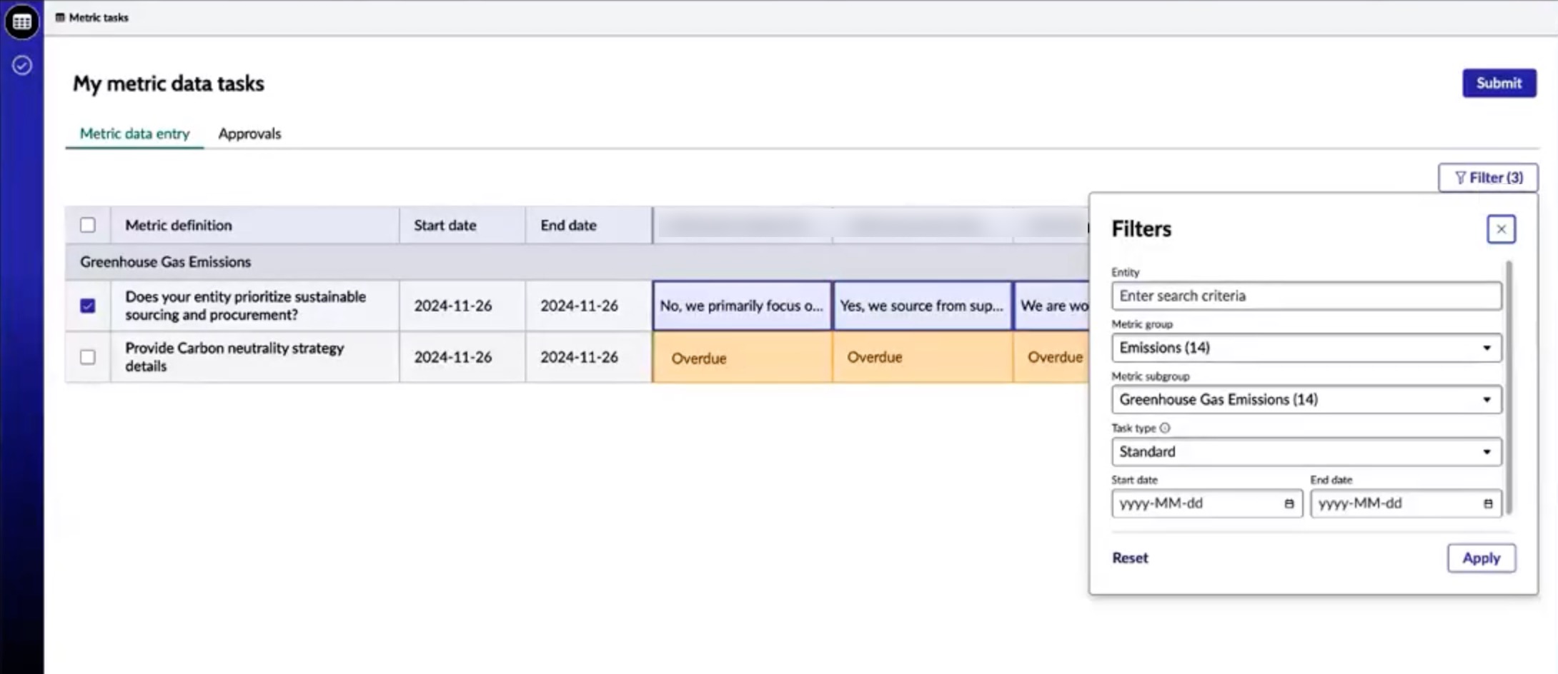Metric data table displaying all open tasks and filters.