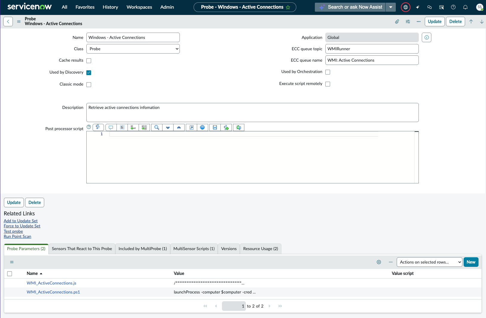 Windows — Active Connections probe configuration page