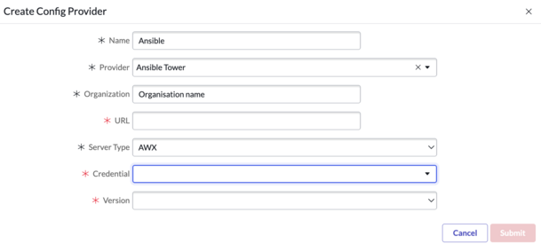 Ansible 구성 제공자를 생성하는 데 사용할 구성 제공자 생성 양식입니다.