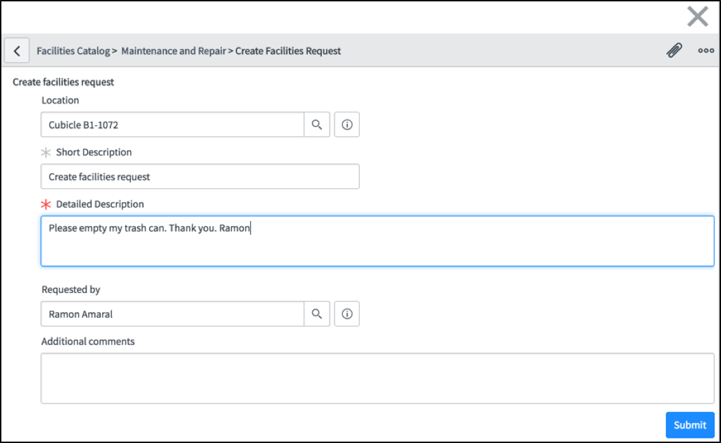 쓰레기 제거와 같은 시설 요청을 만듭니다.