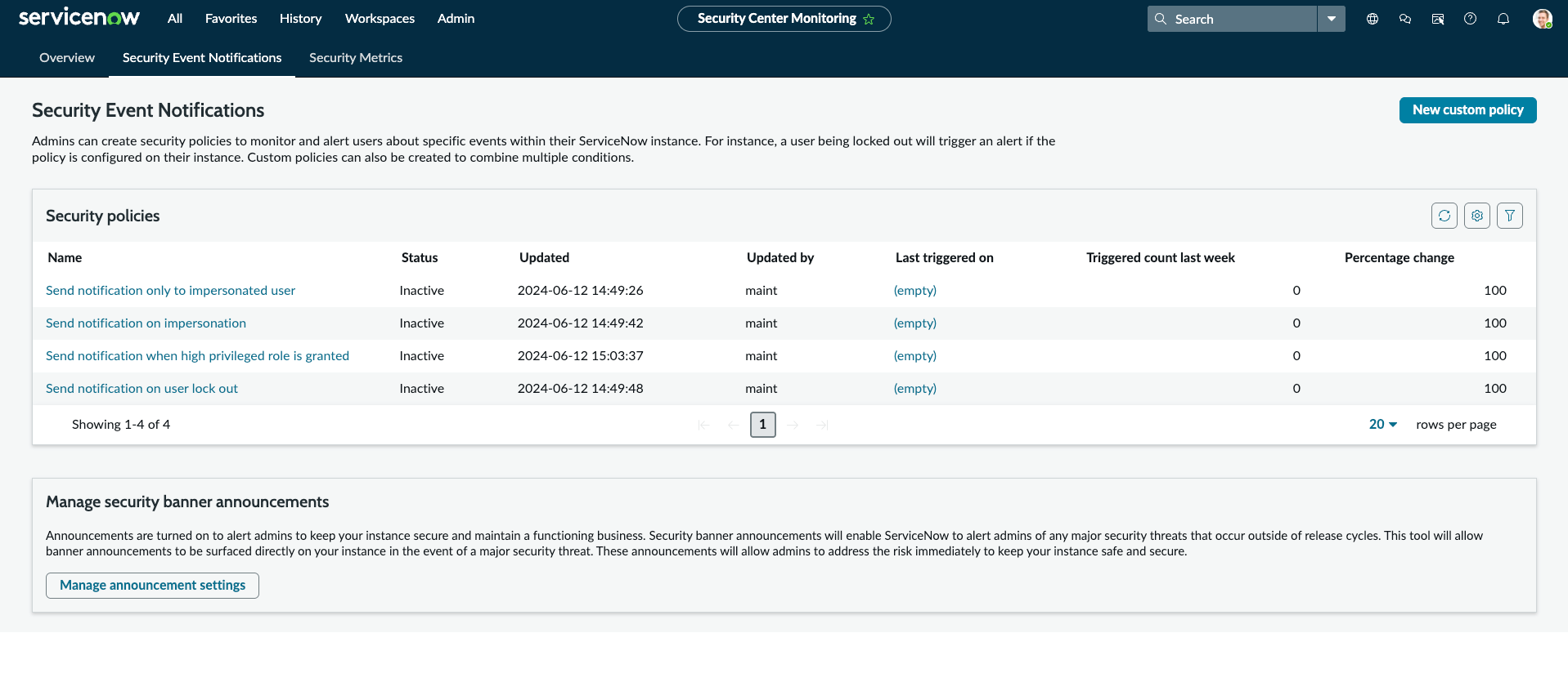 Security events notifications