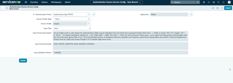 Service Configuration form with Input Type set to Voice