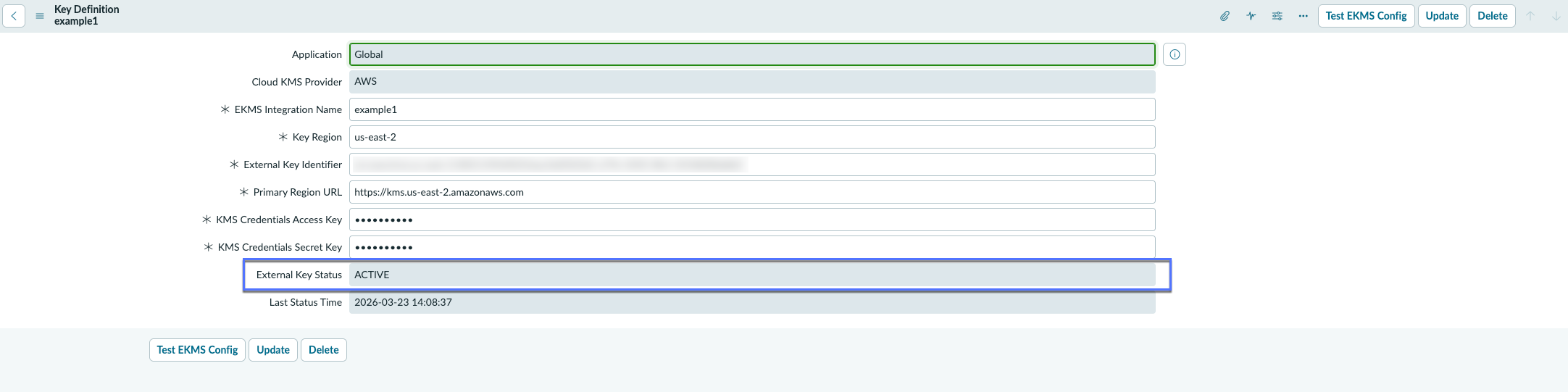 External Key Management Service key definition with an active status
