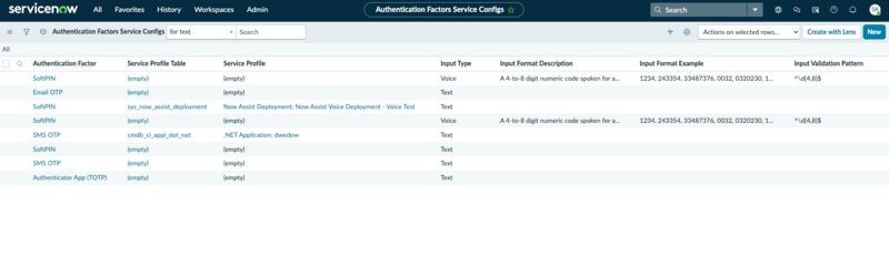 List of saved service configurations with input type and factor details