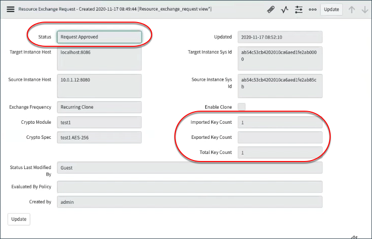 Request screen shows number of imported and exported key counts.