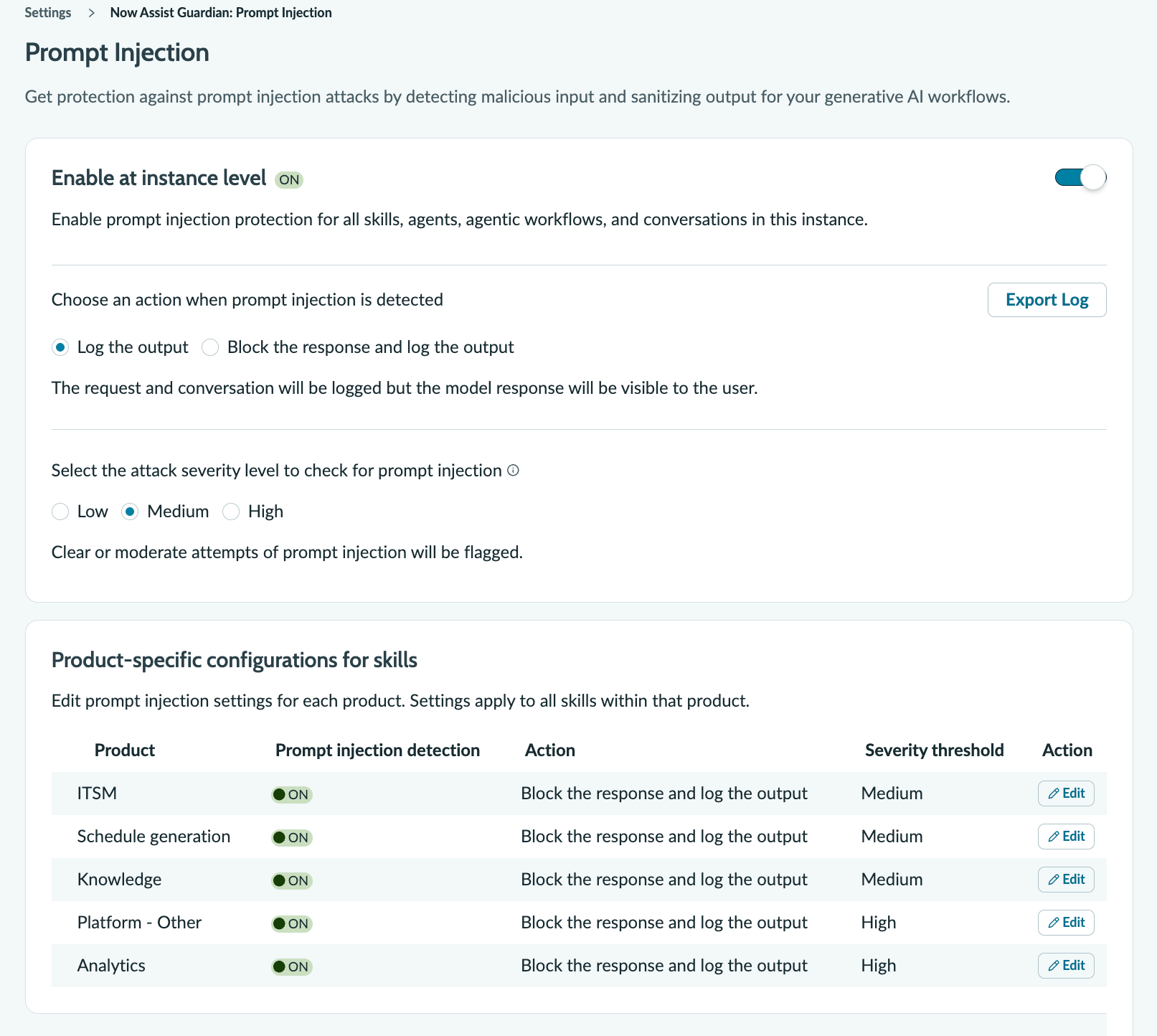 Prompt Injection guardrail settings at instance level with the "Log the output" action and "Medium" severity level selected.