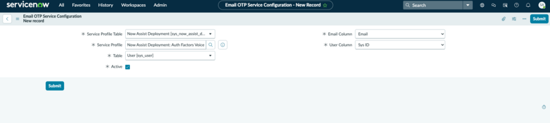 Email OTP Service Configuration form