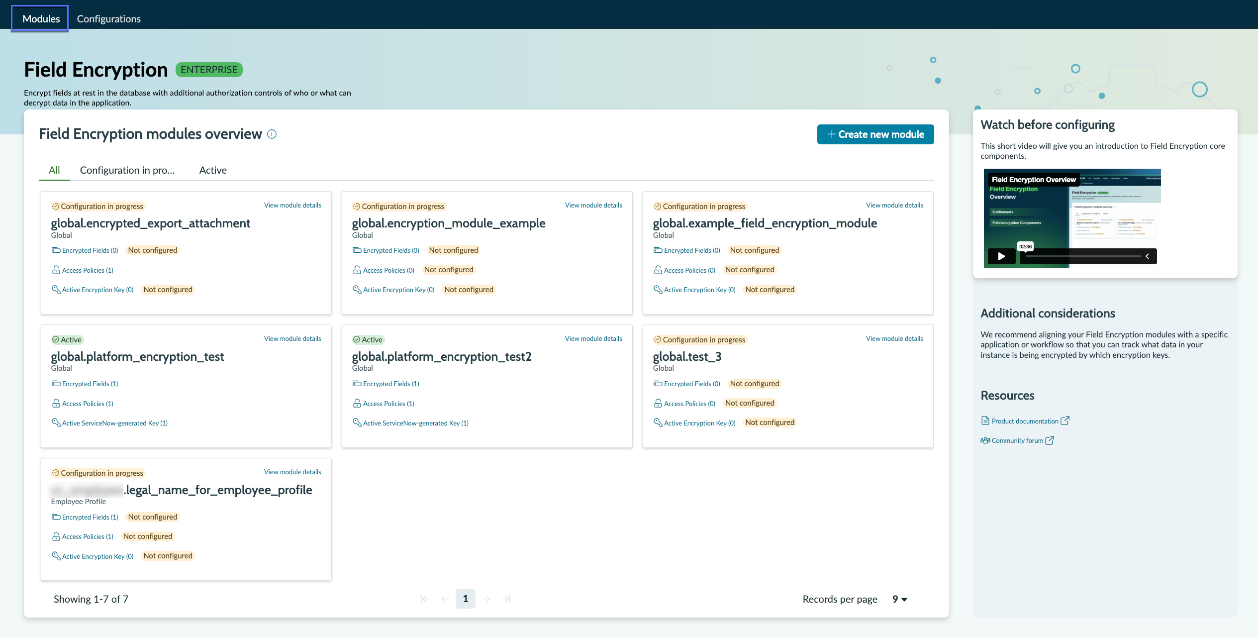 Field Encryption Experience Modules tab
