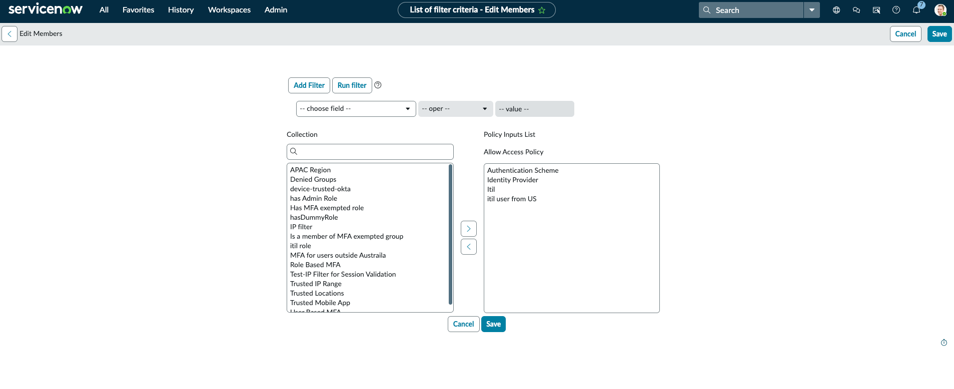 Adding one or more filter criteria to an authentication policy.