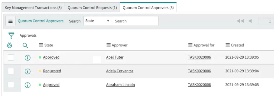 Displays entries for the quorum control approvers.