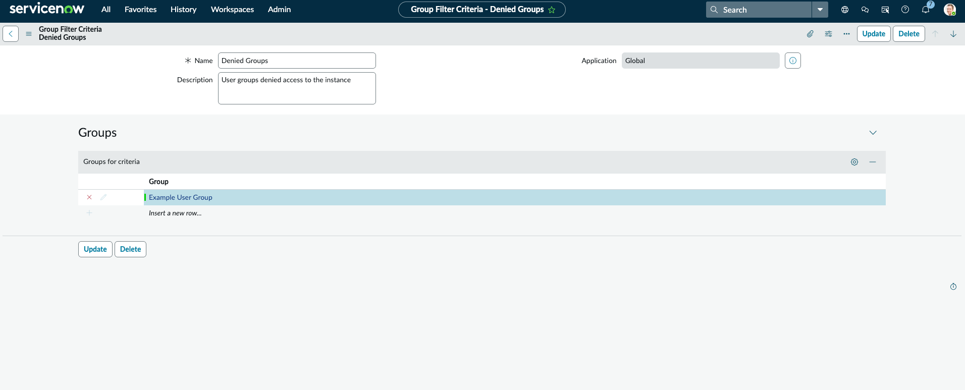 Completed group filter criteria record.