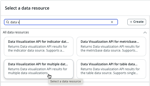Seleção de recursos de dados da API de visualização de dados, incluindo o para várias visualizações de dados.