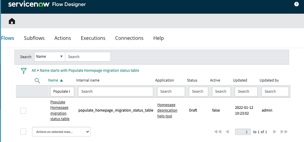 Lista do Flow Designer de fluxos que contêm o nome Preencher tabela de status de migração da página inicial