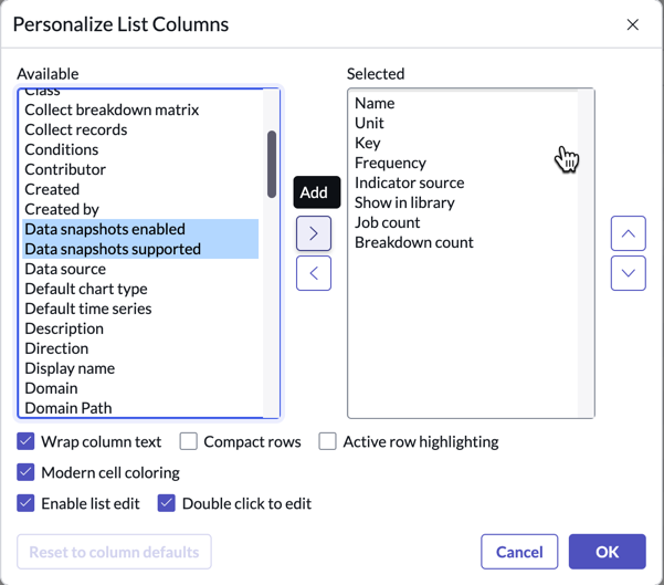 Adicionar as colunas Snapshots de dados habilitados e Snapshots de dados compatíveis a uma lista.
