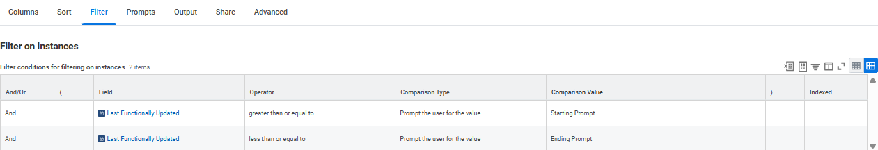 Group Column Headings section with business objects and blank group column headings for the report.