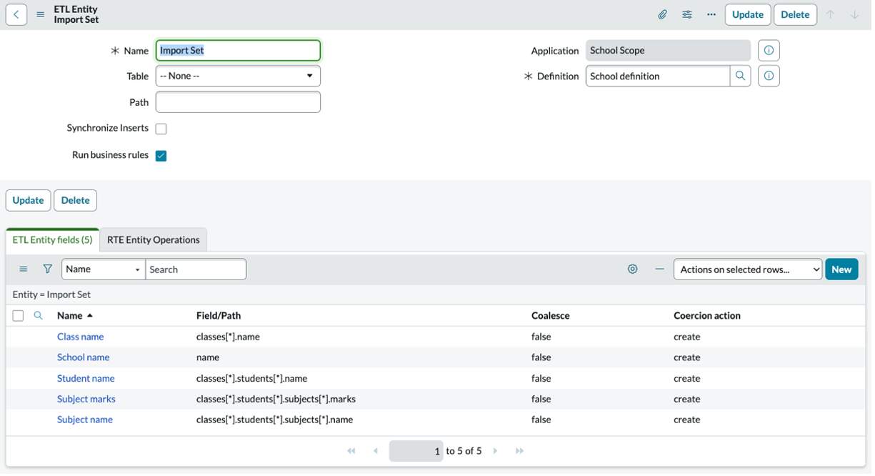 The Import Set ETL Entity form.