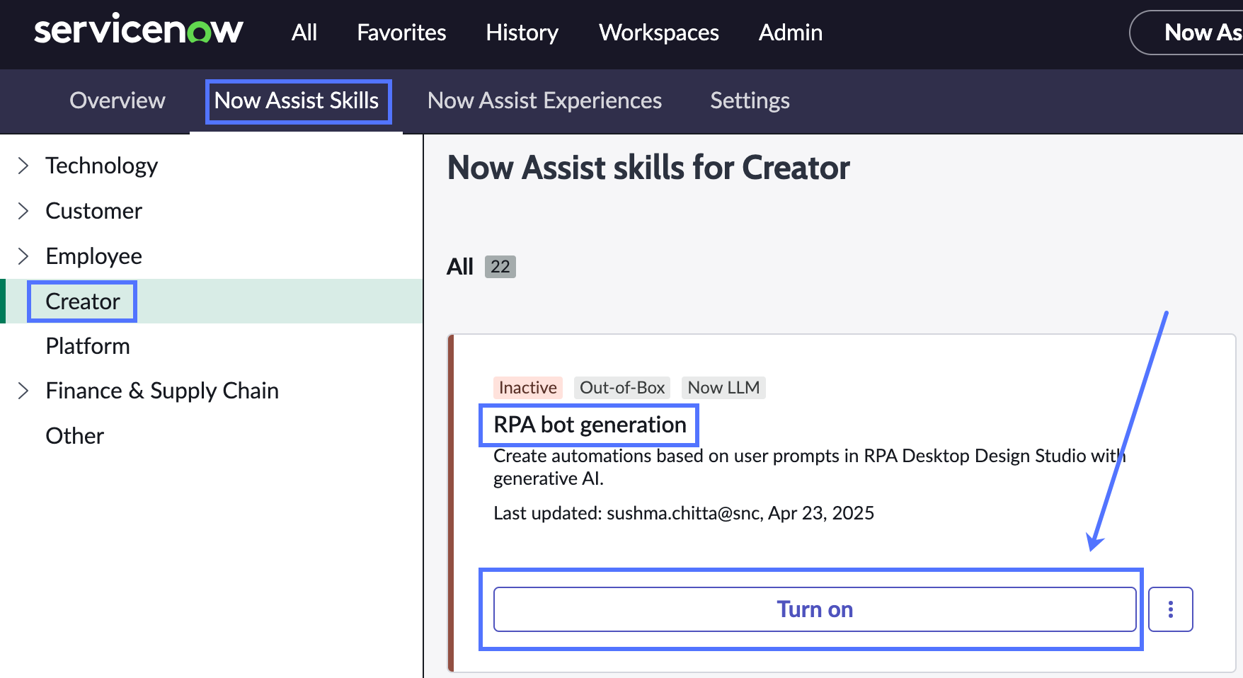 RPA bot generation card that displays the skill to be turned on.