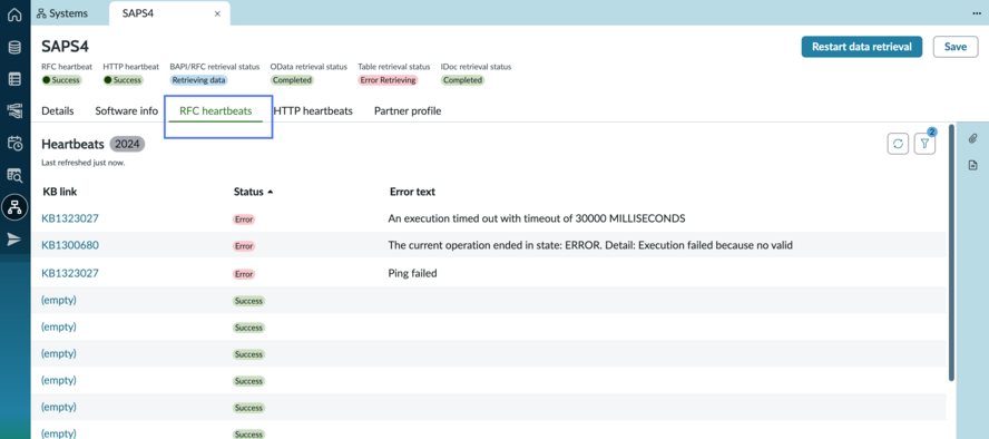 Zero Copy Connector for ERP system record with HTTP heartbeats tab displayed.