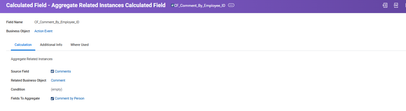 Aggregate Related Instances calculated field CF_Comment_By_Employee_ID configuration, showing source field, related business object, and fields to aggregate.